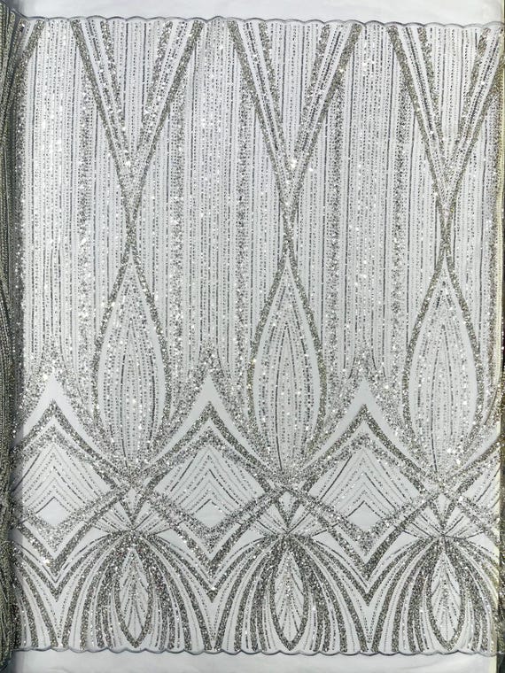 Silver Geometric New York Fashion Beaded Lace, By The Yard.