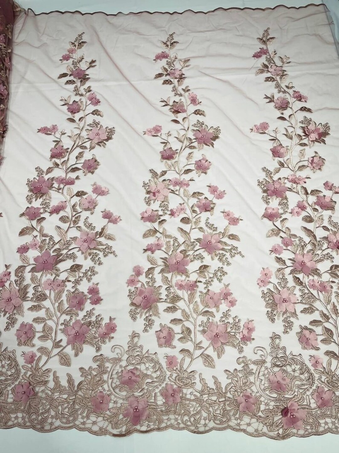 Emily 3-D Floral Design Embroider with Pearls On A Mesh Lace Fabric (1 Yard, Red) main image 0