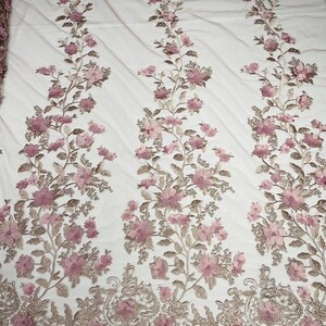 Emily 3-D Floral Design Embroider with Pearls On A Mesh Lace Fabric (1 Yard, Lavender) main image 0