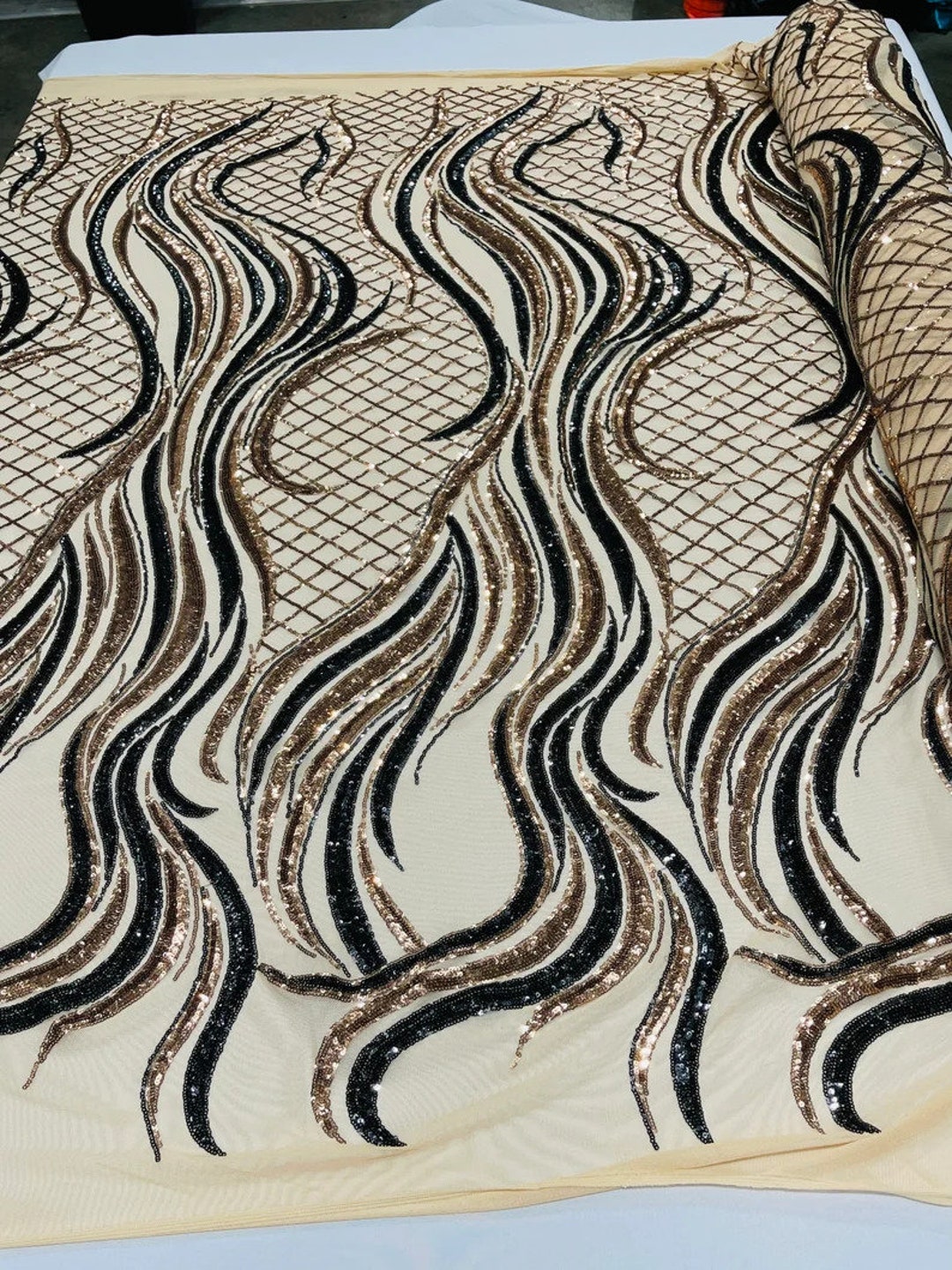 Fashion Design Sequins Embroider on a 4 Way Stretch Mesh Fabric- Sold by The Yard. Royal main image 1
