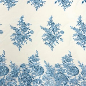 Light Blue Floral Corded Embroider with Sequins on a Mesh Lace Fabric-Prom- Sold by the yard.