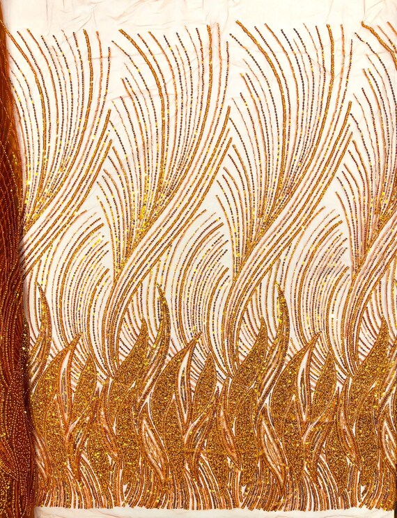 Burnt Orange Flame Fashion Beaded Lace Fabric| Prom| Wedding| By The Yard.