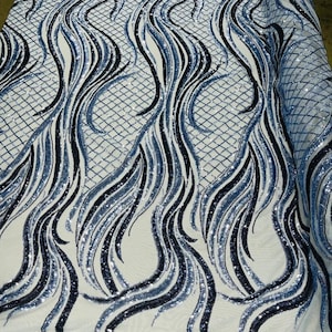 Flame Design with Sequins Embroider on a 4 Way Stretch Mesh Fabric-Sold by The Yard. Light Blue Navy