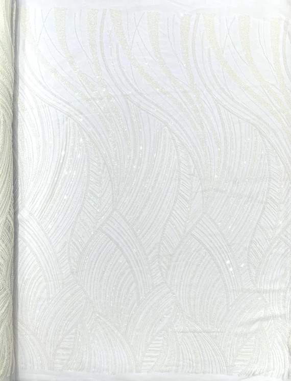 Ivory Luxury Feather Damask Beaded Lace Fabric| Prom| Wedding| By The Yard.