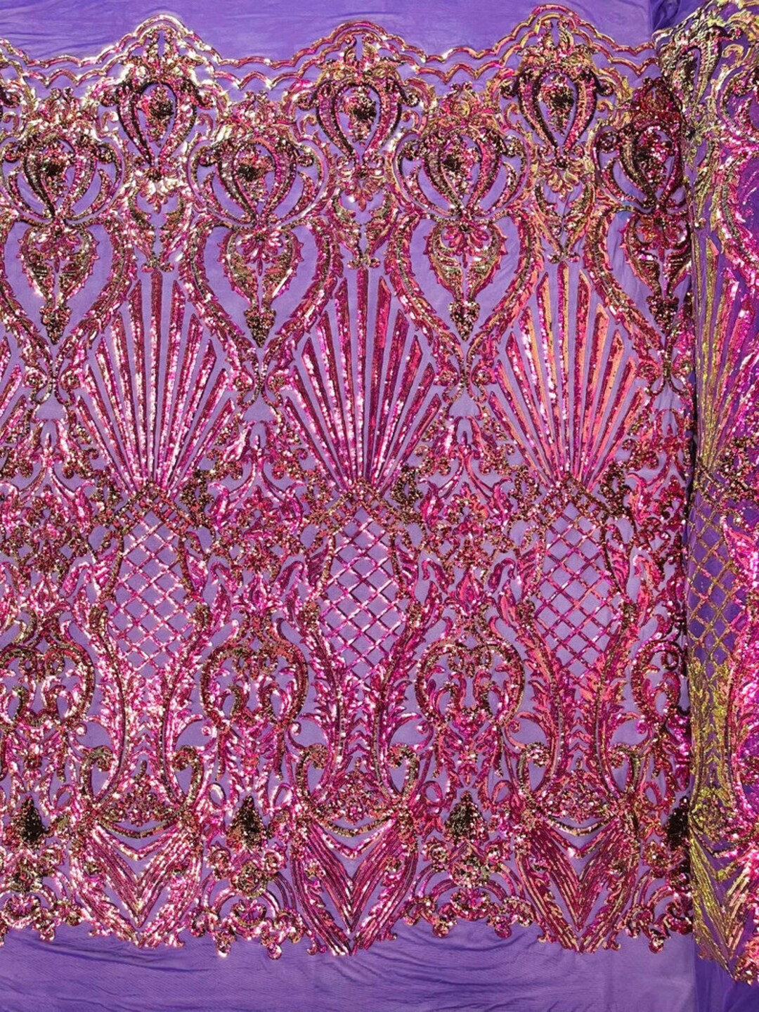 Damask Shiny Sequin Shell Design On a 4 Way Stretch Mesh Fabric -Prom-Sold By The Yard. Olive