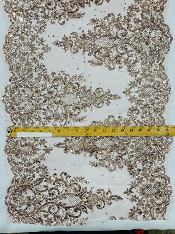 Rose Gold 20" Wide Trim Glitter Damask Design On A Mesh Trim Lace- Sold by the yard