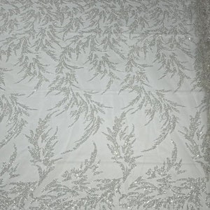 Elegant Hand Beaded Design Embroider on a Glitter Mesh Lace-Prom-Sold By The Yard. White