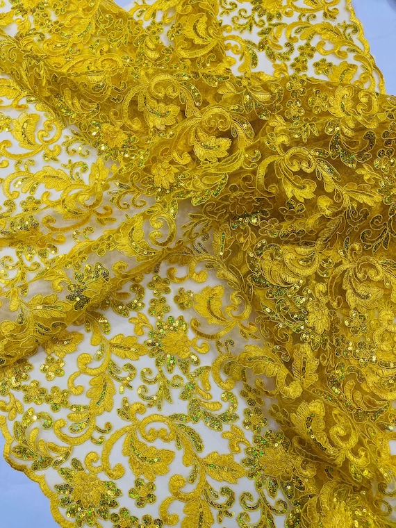 Yellow Metallic Corded Flowers Embroider With Sequins On a Mesh Lace Fabric- Sold By The Yard.
