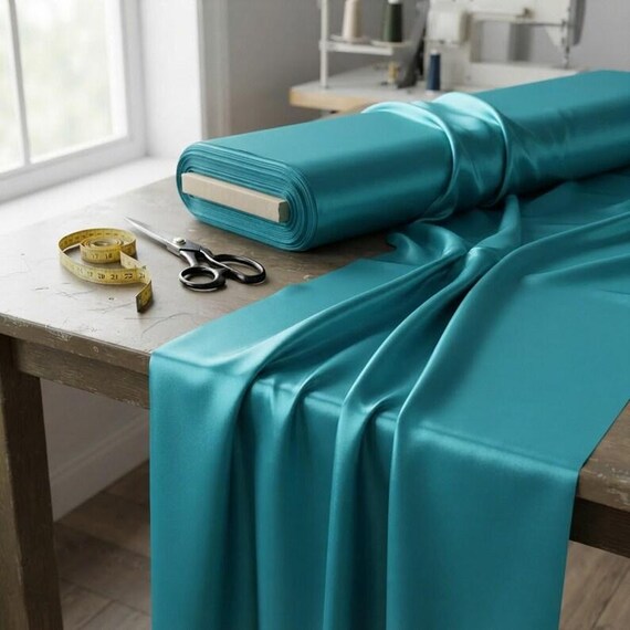 Turquoise Stretch Satin Fabric,  Heavy Shiny Polyester Spandex, 58-Inch Wide Prom Material