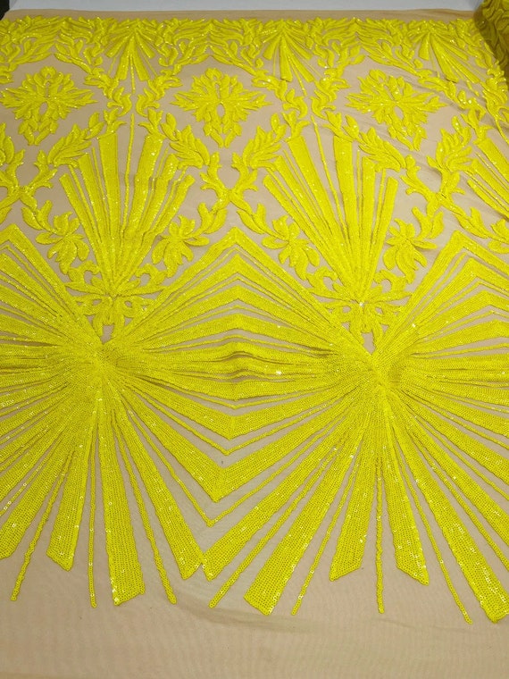 Diamond Damask Design on a 4 Way Stretch Mesh-Prom-Sold by The Yard. Bright Yellow Nude
