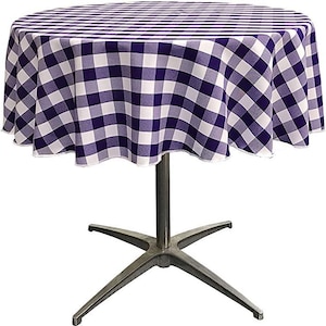 White & Purple Polyester Poplin Checkered Gingham Plaid Round Tablecloth.