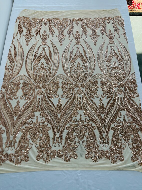 Empire Sequin Damask Design On a 4 Way Stretch Mesh Fabric -Prom-Nightgown-Sold by The Yard. ( Champagne )