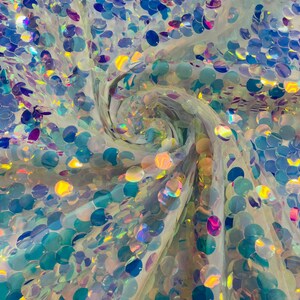 Clear Aqua-Pink Iridescent  Round Sequin Paillette On White Mesh Fabric/ 54 Inches Wide/Cosplays Fabric/Prom/Backdrops.