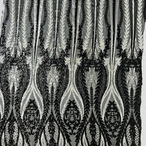 Two Tone Damask Design with Sequins Embroider on a 4 Way Stretch Mesh Fabric-Sold by The Yard. Silver Black