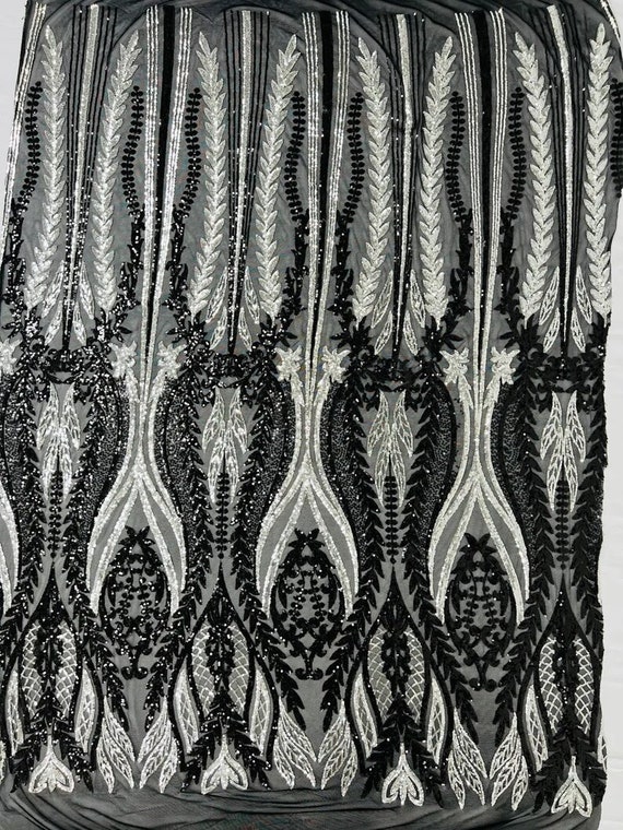 Two Tone Damask Design with Sequins Embroider on a 4 Way Stretch Mesh Fabric-Sold by The Yard. Silver Black
