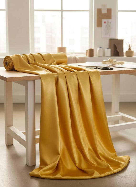 Gold Glossy Liquid Bridal Satin Fabric, 58” Wide for Prom and Wedding Dresses.