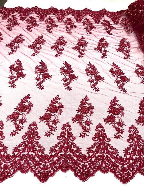 Elegant Hand Beaded Design Embroider on a Glitter Mesh Lace-Prom-Sold By The Yard. Burgundy