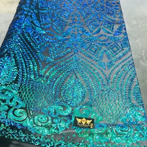 Geometric Shiny Sequin Design On a 4 Way Stretch Mesh-Sold By The Yard. Green Blue