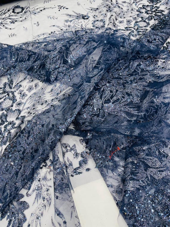 Navy Blue Big Glitter Damask Design On A Mesh Lace Fabric/Prom/Sold By The Yard