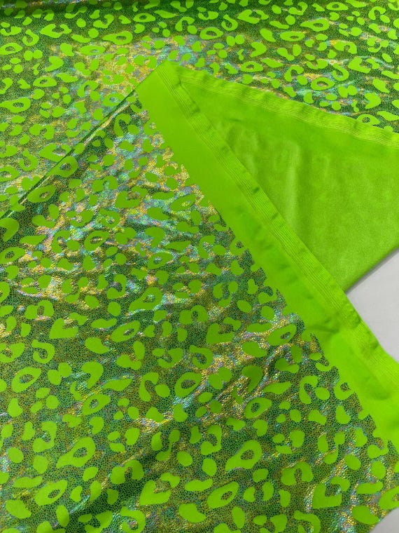 Lime Green Leopard Oil Spill Metallic Print on a Stretch Nylon Spandex Tricot/Milliskin - Sold by the yard.