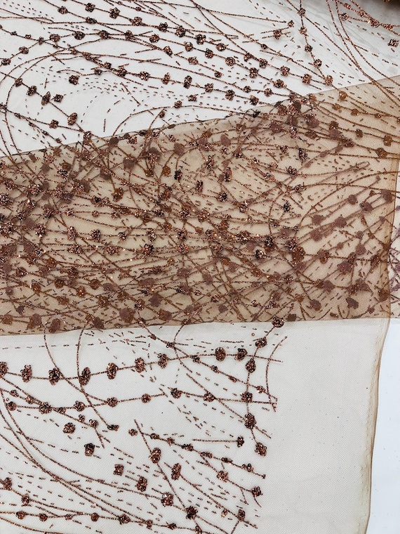 Brown Galaxy Glitter Design On A Mesh Lace Fabric/Prom.