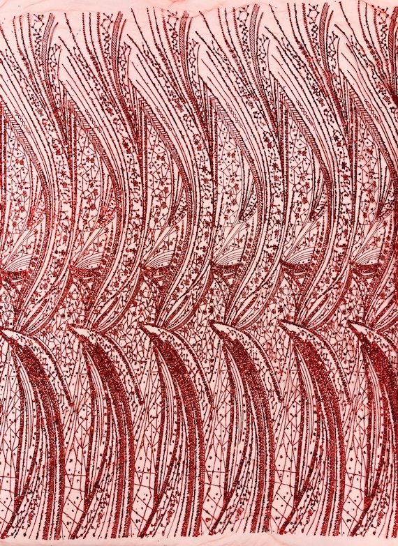 Red Geometric Fashion Glitter Design On A Mesh Lace Fabric| 58" Wide| Prom Dresses.