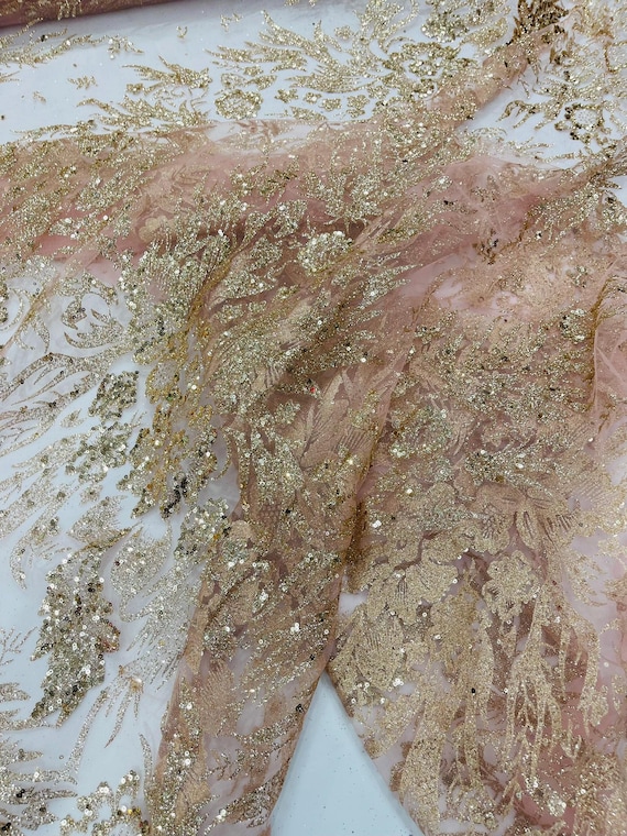Rose Gold Big Glitter Damask Design On A Mesh Lace Fabric/Prom/Sold By The Yard