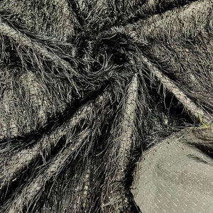 Black - Shaggy Jacquard Faux Ostrich/Eye Lash Feathers Sewing Fringe With Metallic Thread Fabric By The Yard