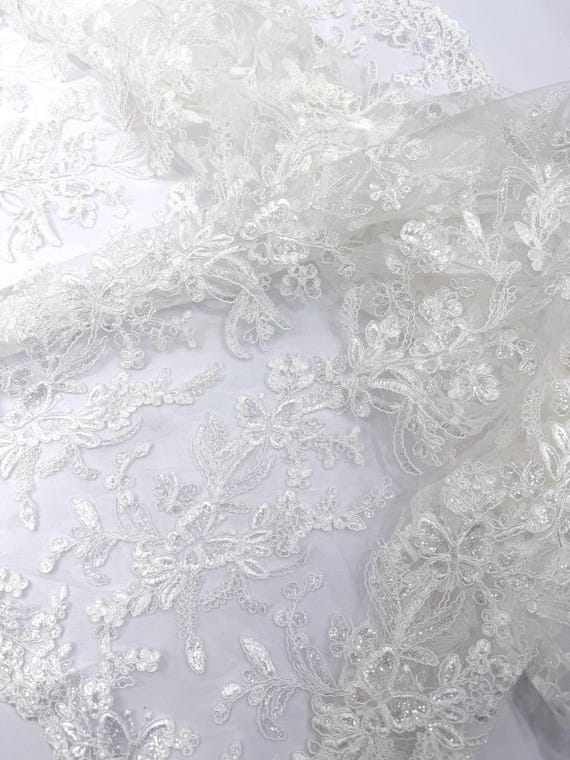 White Corded Lace with Butterfly Embroidery and Sequin on Mesh Fabric.-Sold by the yard