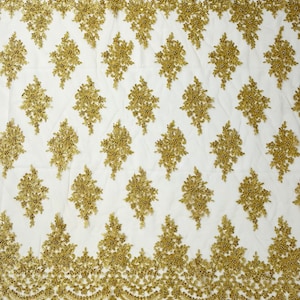 Metallic Floral Embroider and Heavy Beaded On a Mesh Lace Fabric-Sold By The Yard- Gold