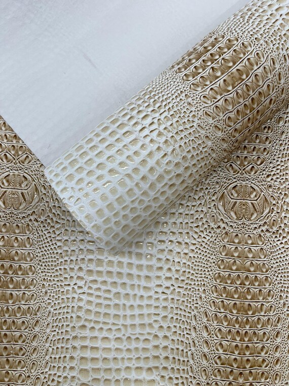 Western Cream Glossy Two Tone Gator Fake Leather Upholstery, 3D Crocodile Skin Texture Faux Leather PVC Vinyl, 54" Wide