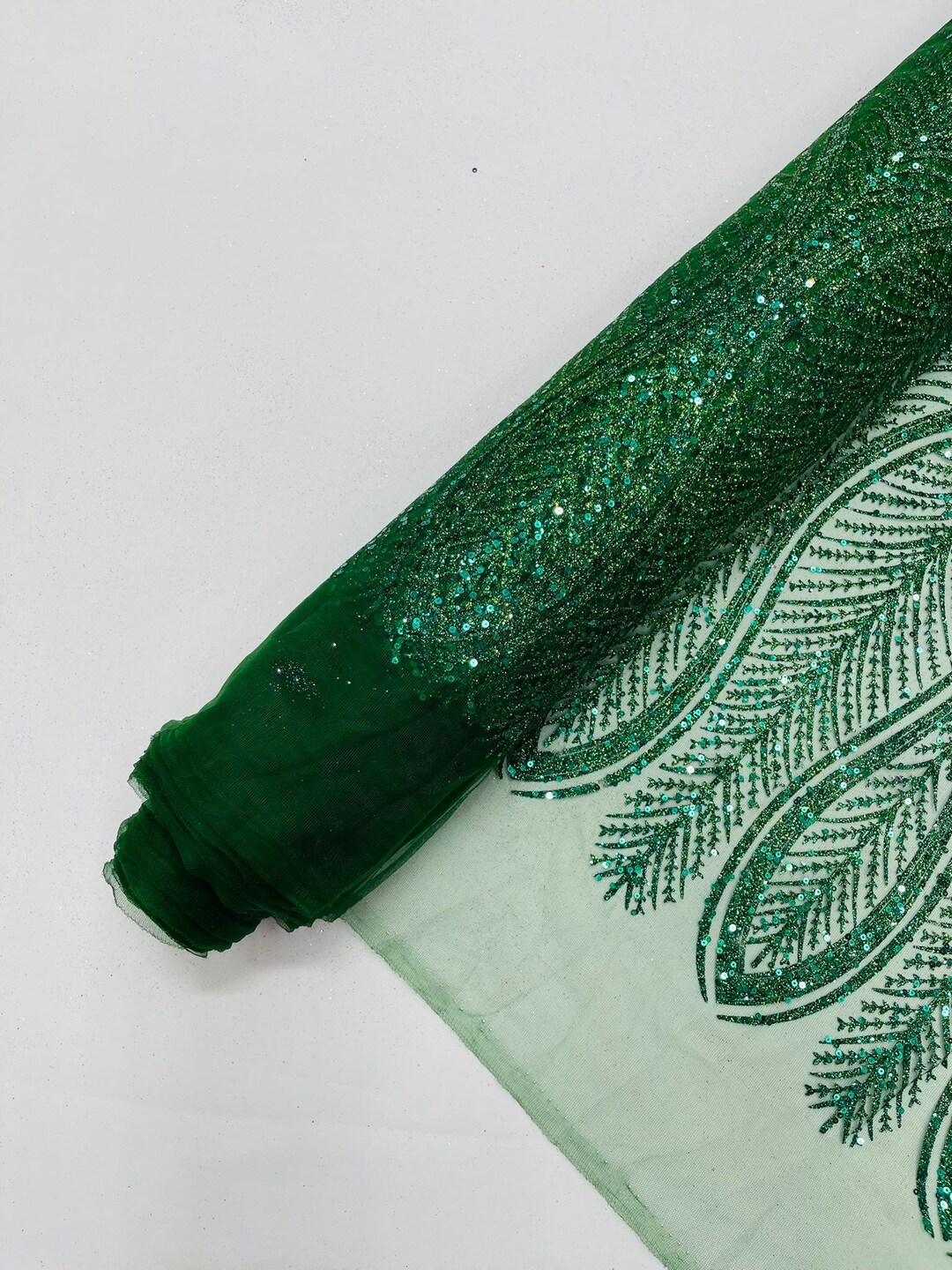 Hunter Green Glitter Feather Damask Design on A Mesh Lace Fabric/prom ...