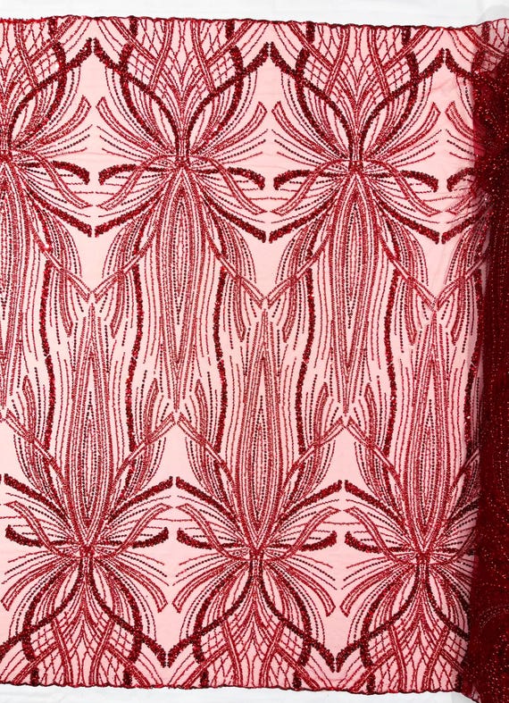 Red Palm Beaded Lace Fabric, Heavy Embroidered Design on 58" Mesh for Dresses