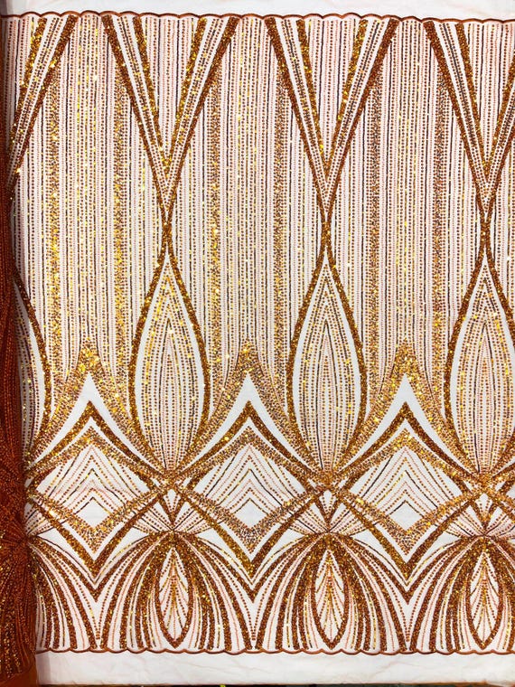 Burnt Orange Geometric New York Fashion Beaded Lace, By The Yard.