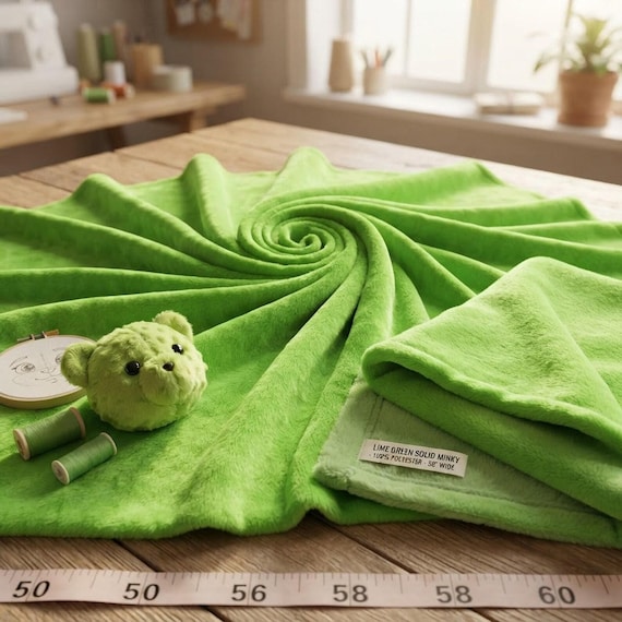 Lime Green Minky Solid Silky Plush Faux Fur Fabric - Sold by the yard.