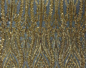 Gold On Black  Damask design with sequins embroider on a 4 way stretch mesh fabric