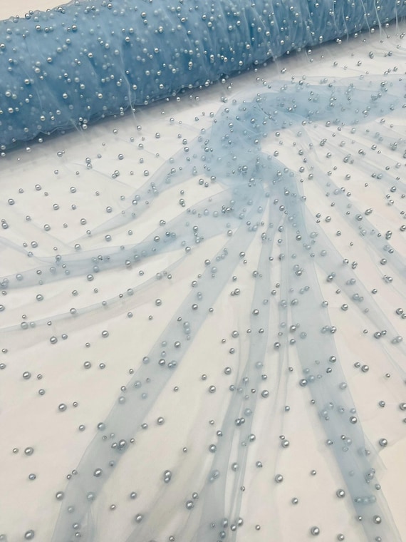 Light Blue Heavy Scattered Pearls Studded Mesh, 2-Way Stretch, Sold By The Yard.