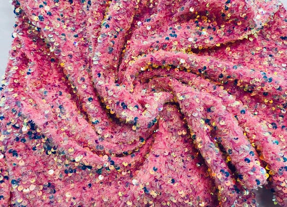 Clear Iridescent Pink 54" Stretch Velvet with Luxury Sequins All Over 5mm Shining Sequins 2-Way Stretch. Sold by the yard.