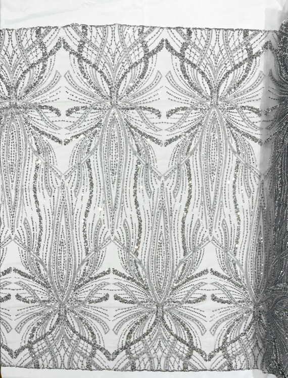 Silver Palm Beaded Lace Fabric, Heavy Embroidered Design on 58" Mesh for Dresses