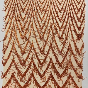 Orange Geometric Fringe Beaded Design With Sequins On A Mesh Fabric/Prom.
