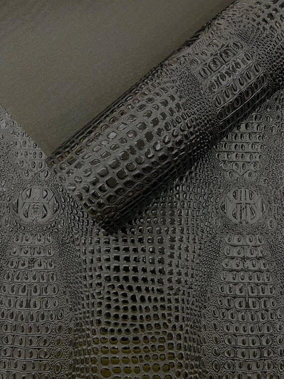 Panther Black Glossy Two Tone Gator Fake Leather Upholstery, 3D Crocodile Skin Texture Faux Leather PVC Vinyl, 54" Wide