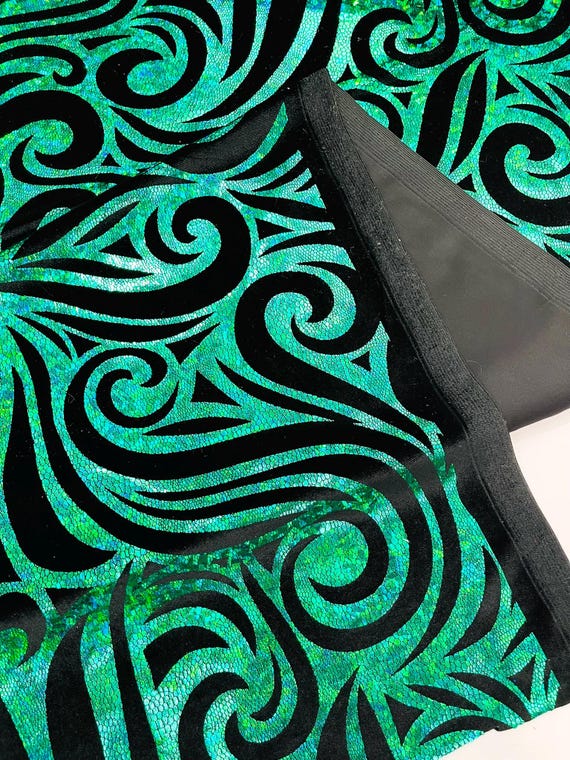 Green Black Holographic Foil Tribal Flame Design On A Stretch Velvet Fabric. By The Yard