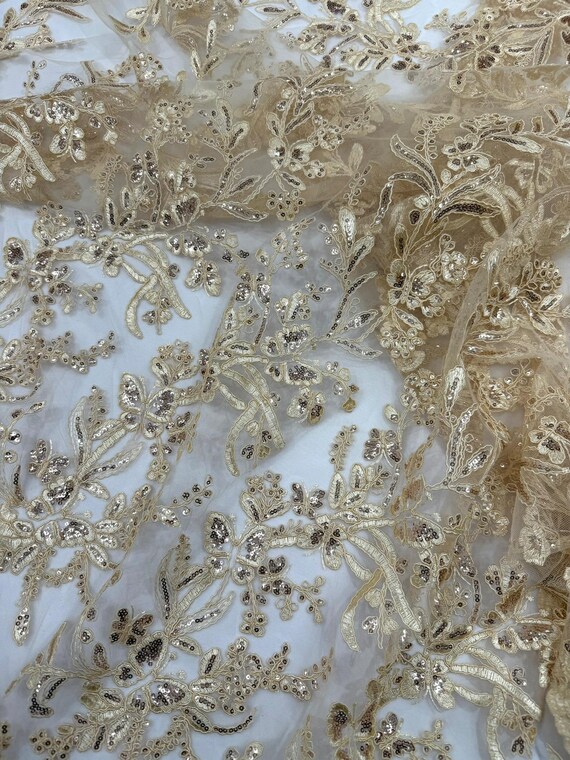 Champagne Corded Lace with Butterfly Embroidery and Sequin on Mesh Fabric- Sold by the yard