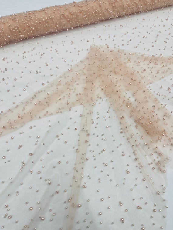 Blush Heavy Scattered Pearls Studded Mesh, 2-Way Stretch, Sold By The Yard.