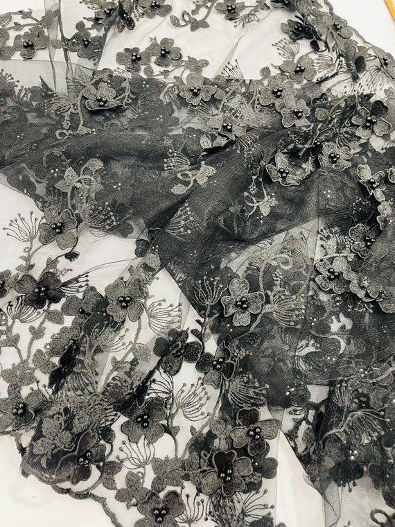 Black Multi Color 3D Floral Design Embroider with Pearls in a Mesh Lace -Sold by the yard.