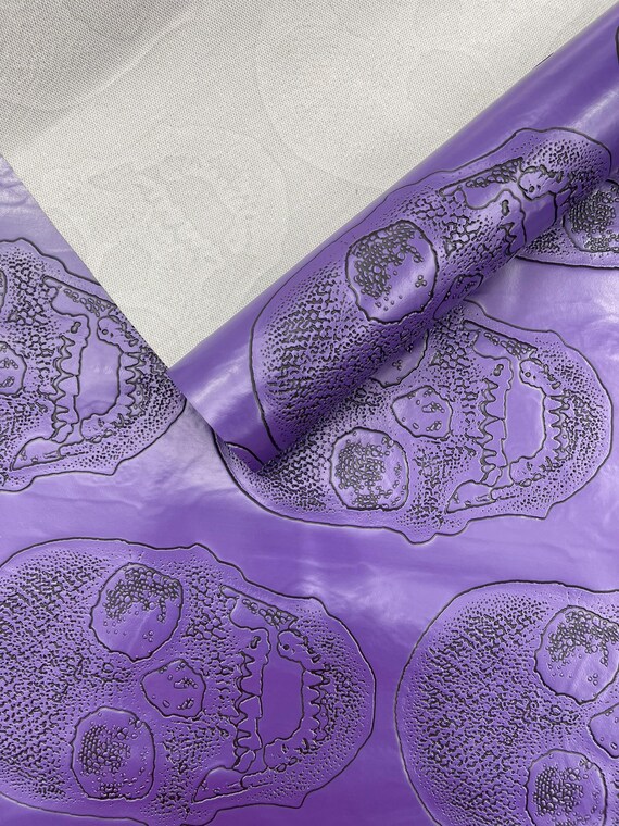 Purple Skull Vinyl Upholstery, 3D Embossed Fake Faux Leather PVC Vinyl Fabric.