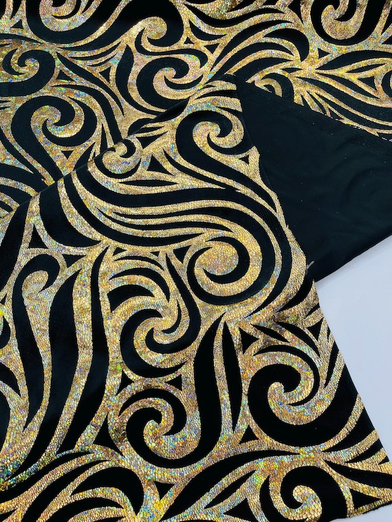 Gold Black Holographic Foil Tribal Flame Design On A Stretch Velvet Fabric. By The Yard