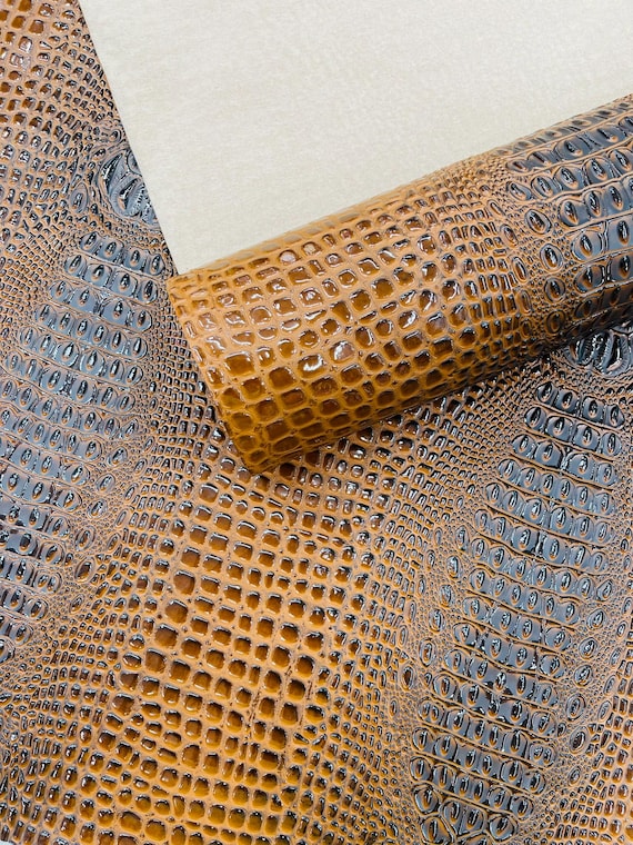 Honey Caramel Glossy Two Tone Gator Fake Leather Upholstery, 3D Crocodile Skin Texture Faux Leather PVC Vinyl, 54" Wide