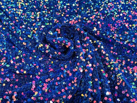 Royal Blue Rainbow Iridescent 54" Stretch Velvet with Luxury Sequins All Over 5mm Shining Sequins 2-Way Stretch. Sold by the yard.