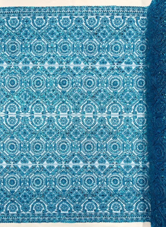 Turquoise Geometric Beaded Lace Fabric, Heavy Embroidered Mesh for Bridal and Evening Gowns